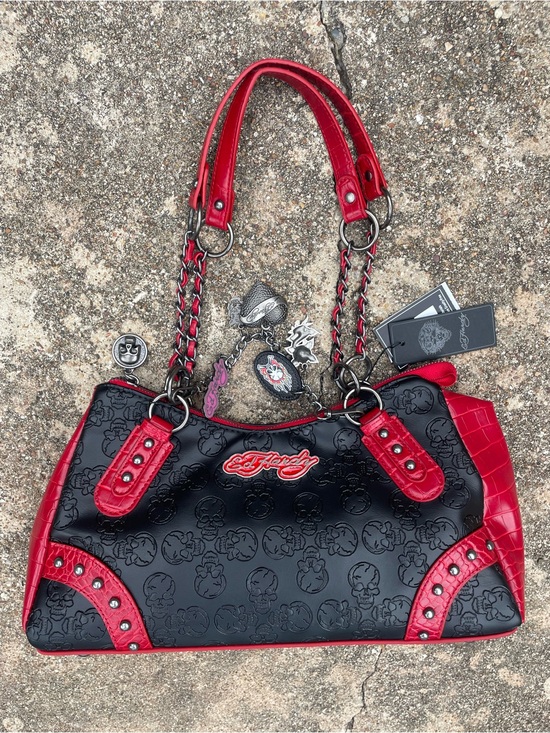 Ed Hardy Handbags - Ed Hardy Black & Red Tote Chain Charms Studded Croc Look Embossed Skulls Y2K NWT